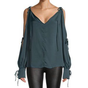 NEW Milly Women Ink Silk Cold Shoulder Bow Tie Long Sleeve V Neck Keyhole Blouse